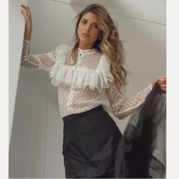 NWT Sandra Mansour x H&M Flounced Tulle Blouse Elegant Sheer Women Small Cream - Picture 1 of 7